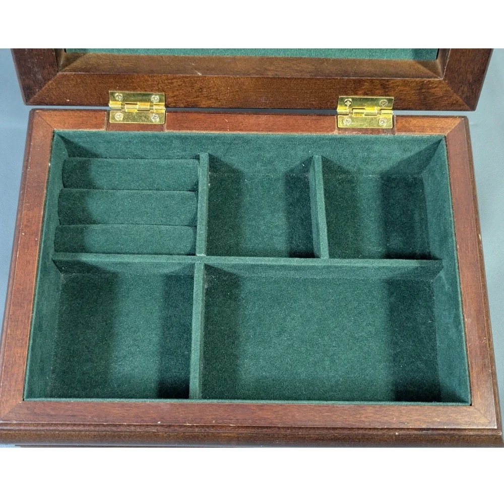 Vintage Wooden Jewelry Box Dark Wood Green Velvet Lining Carved Detail Organizer